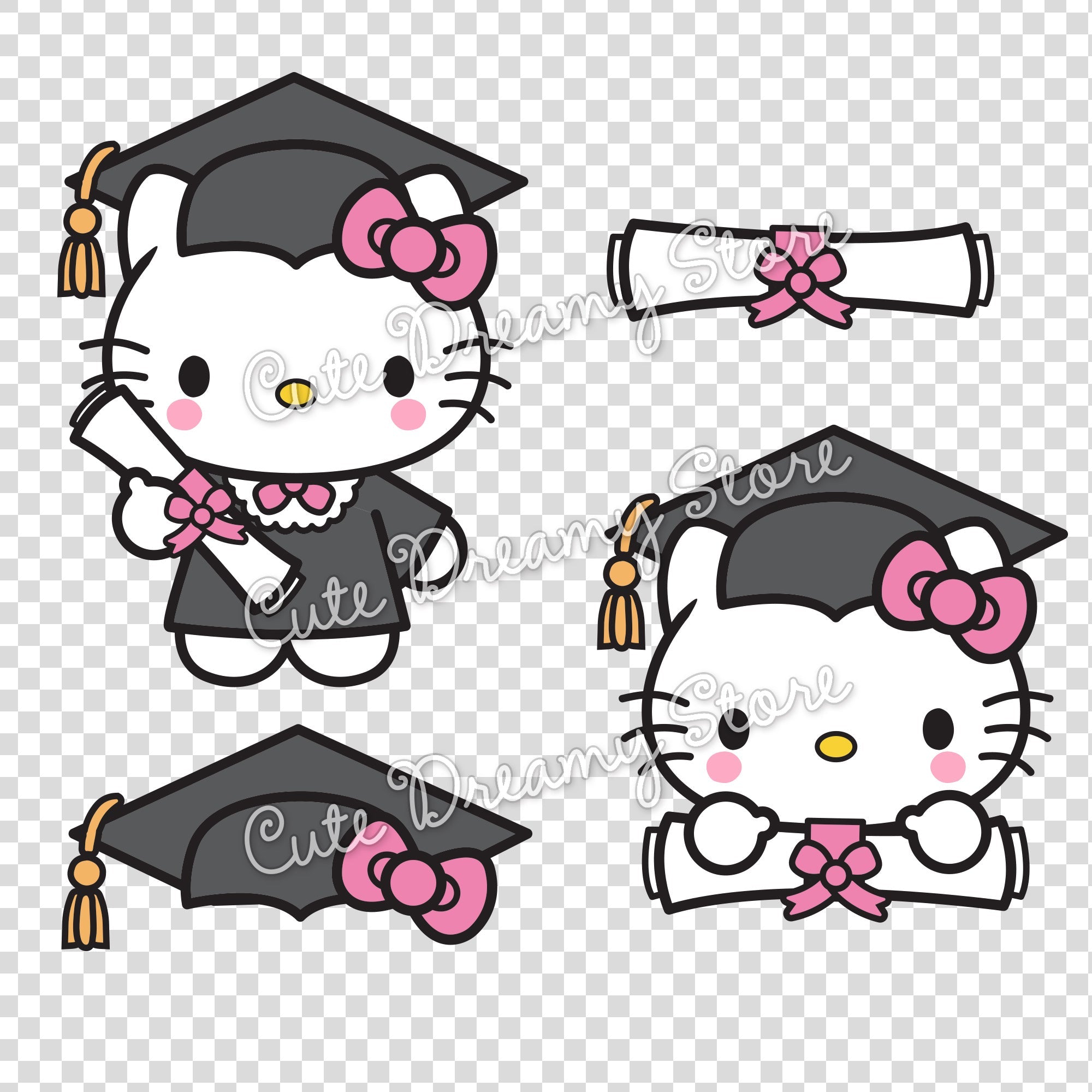 Graduation Hello Kitty Clipart SVG PNG EPS Vector in Black β Cute ...