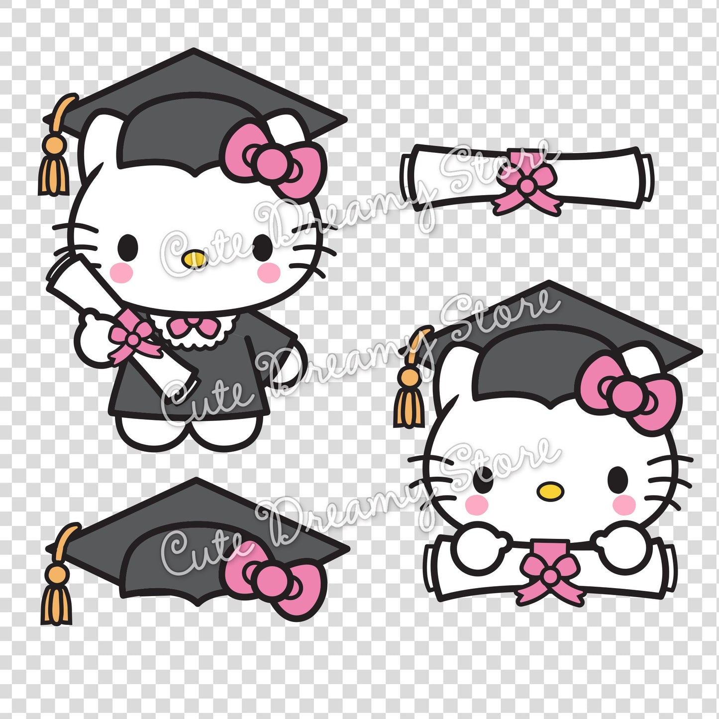 Graduation Hello Kitty Clipart SVG / PNG / EPS vector in BLACK - Cute Dreamy Store