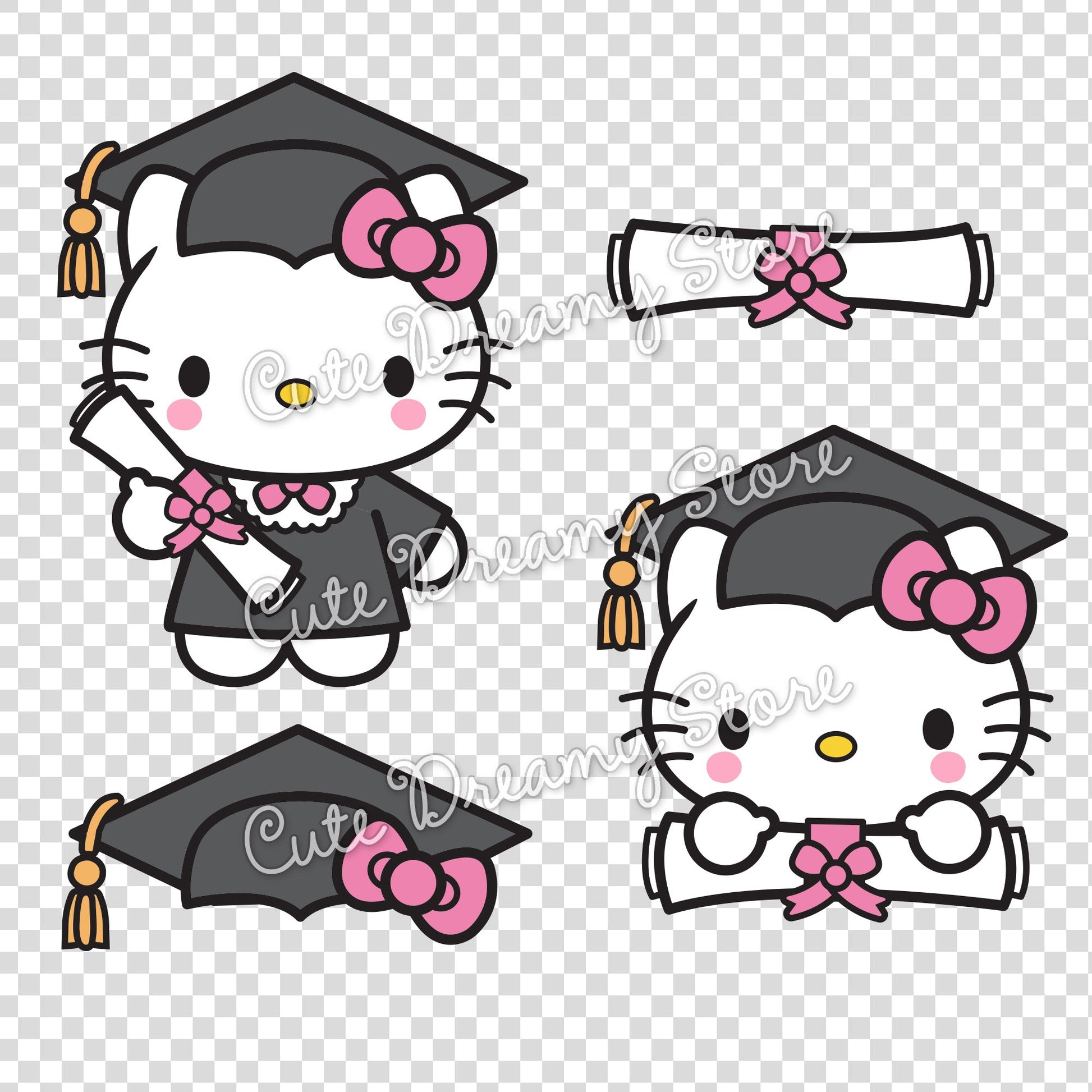 Graduation Hello Kitty Clipart SVG PNG EPS Vector in Black – Cute ...