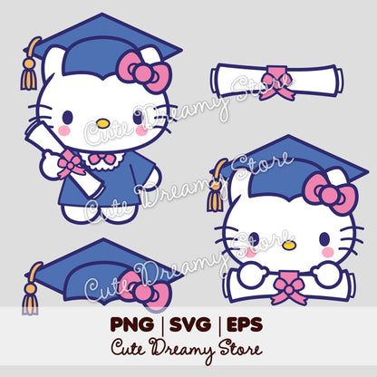 Graduation Hello Kitty Clipart SVG PNG EPS Vector in Blue – Cute Dreamy ...