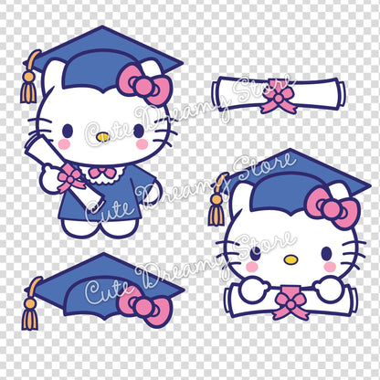 Graduation Hello Kitty Clipart SVG / PNG / EPS vector in BLUE - Cute Dreamy Store