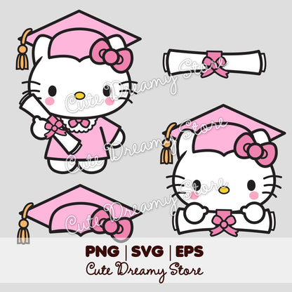 Graduation Hello Kitty Clipart SVG / PNG / EPS vector in PINK - Cute Dreamy Store