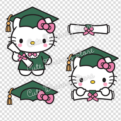 Green Hello Kitty graduation clipart bundle with SVG, PNG and EPS files for Cricut, stickers and party crafts.