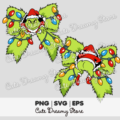 Grinch Christmas Bow Clipart Set, Front & Back View SVG / PNG / EPS vector