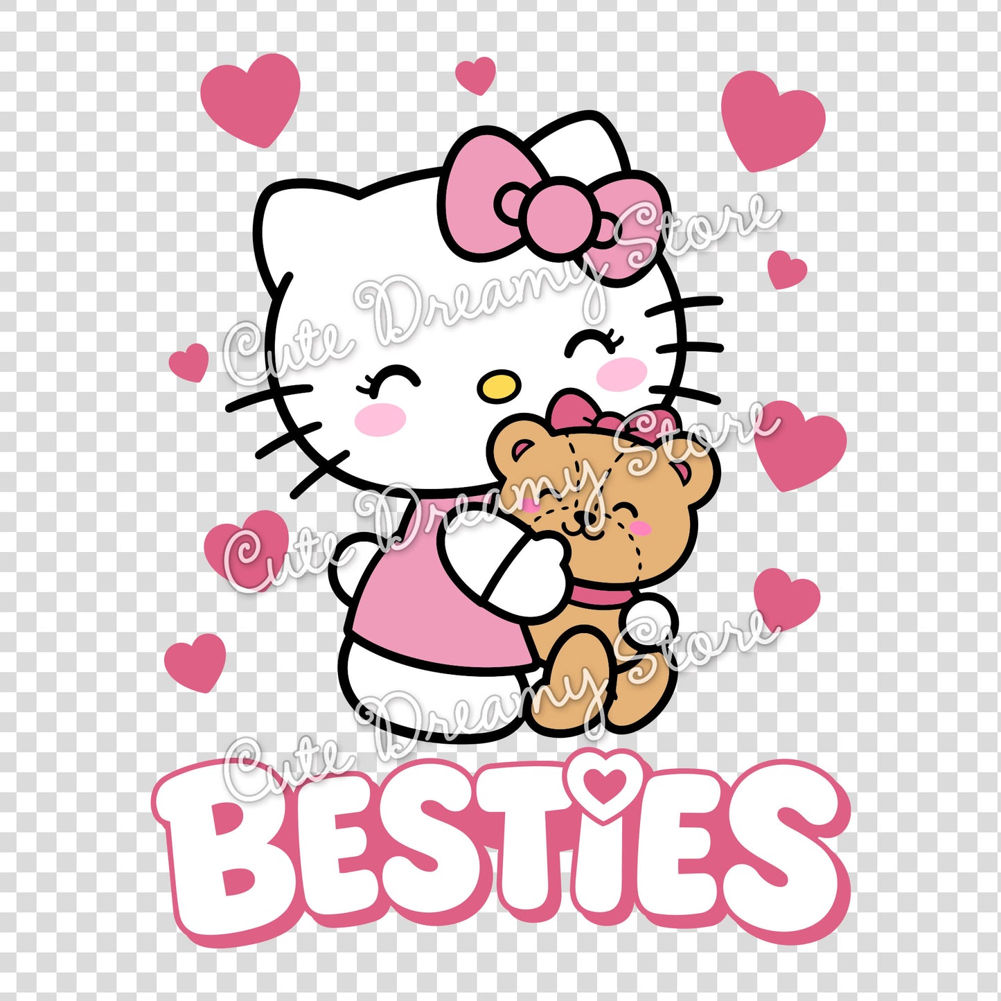 Hello Kitty hugging a teddy bear with pink hearts and Besties lettering on transparent background