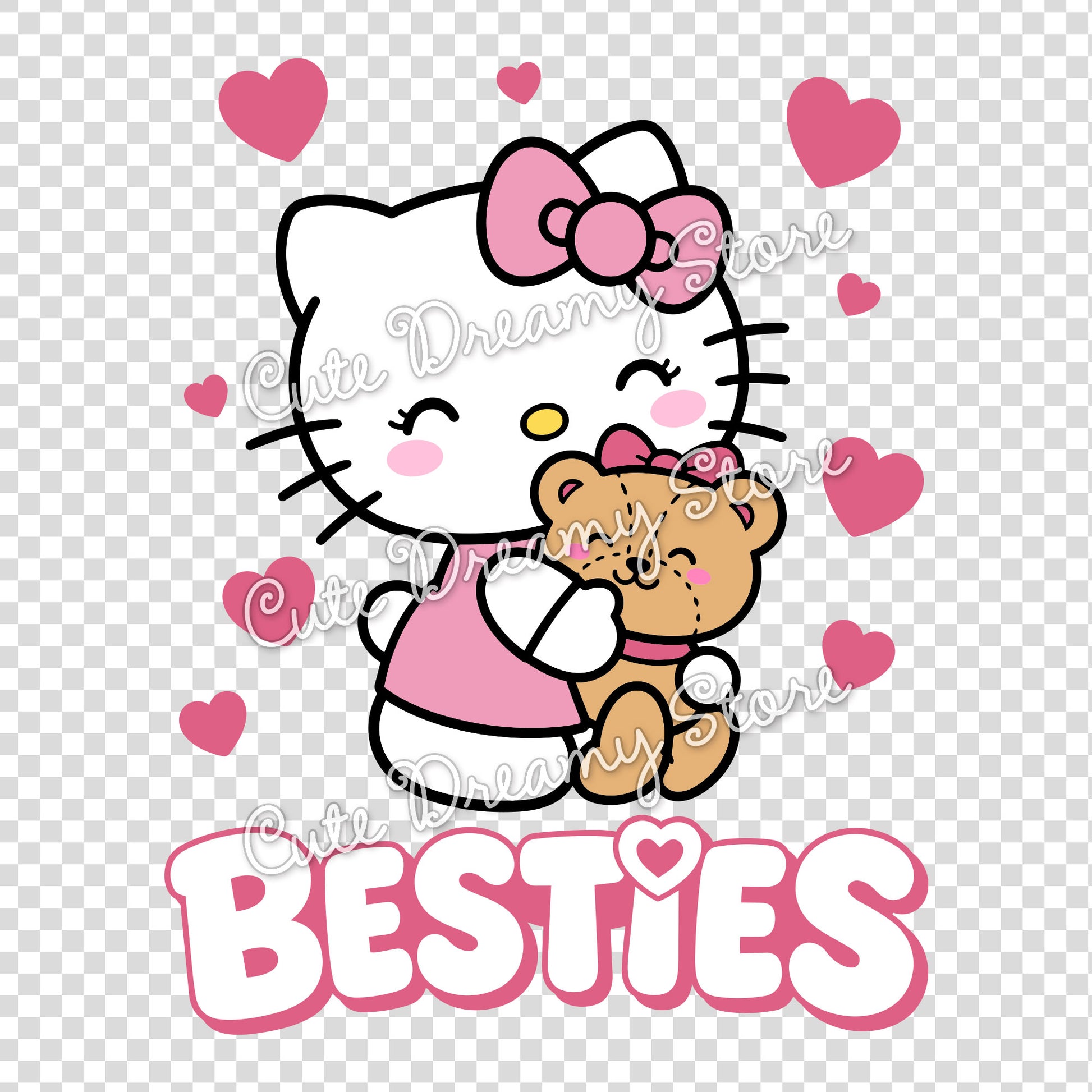 Hello Kitty hugging a teddy bear with pink hearts and Besties lettering on transparent background