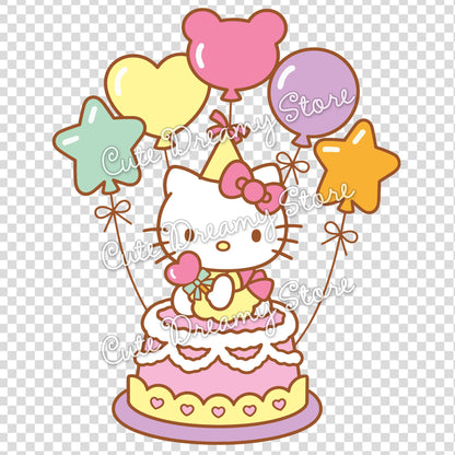 Hello Kitty sitting on a pink birthday cake with colorful balloons and bows