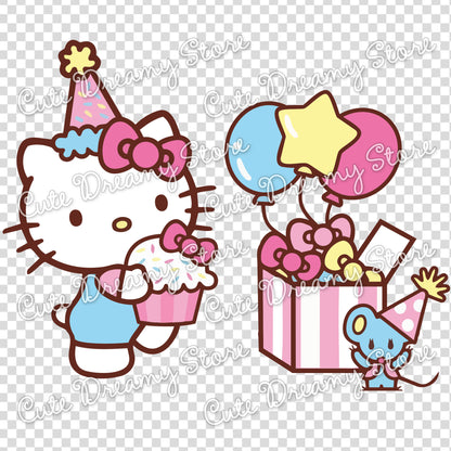Hello Kitty birthday clipart with cupcake, pastel balloons, striped gift box and Joey mouse in party hat transparent png