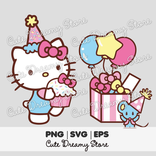 Hello Kitty birthday clipart with cupcake, pastel balloons, striped gift box and Joey mouse in party hat