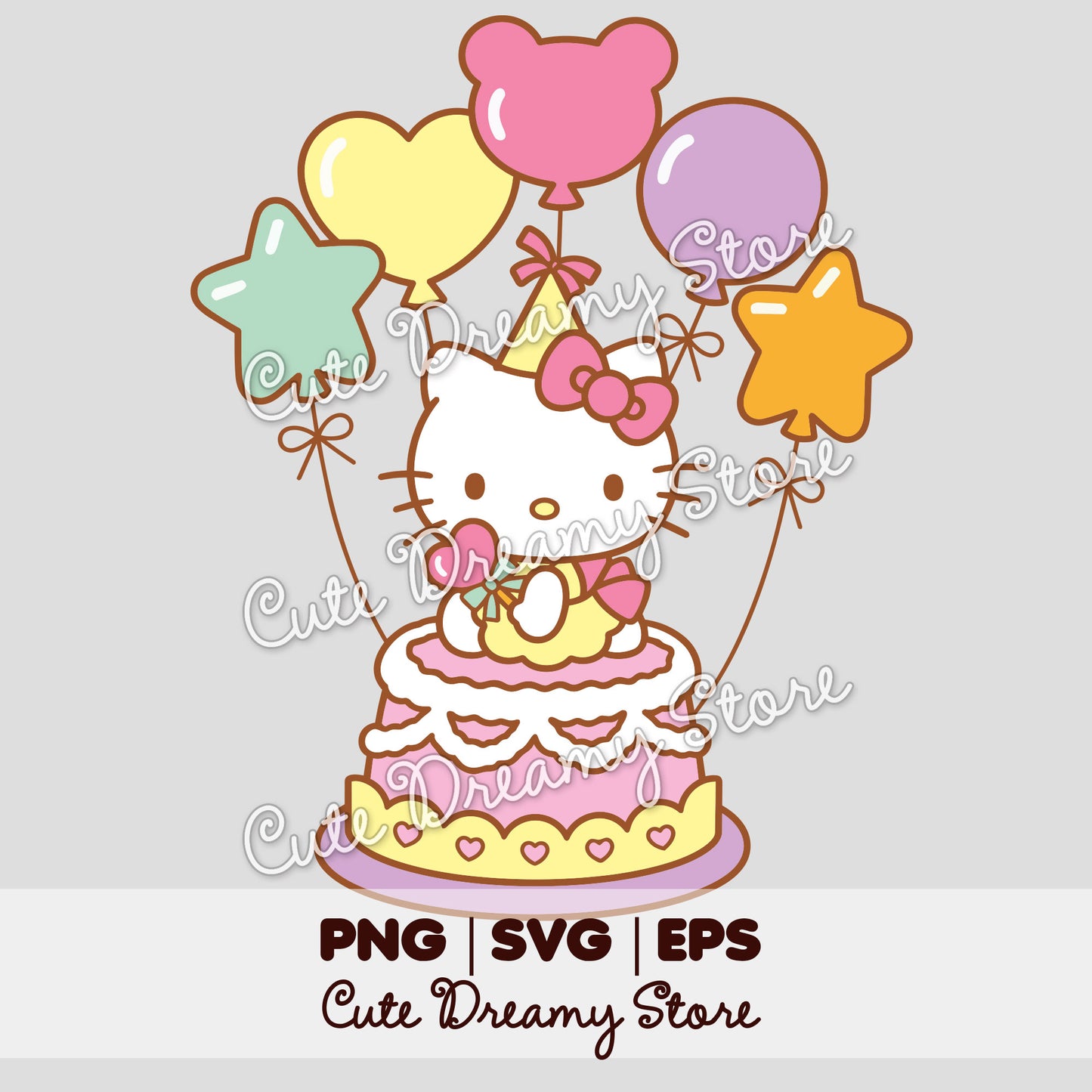 Hello Kitty birthday cake clipart with colorful balloons, bows and stars