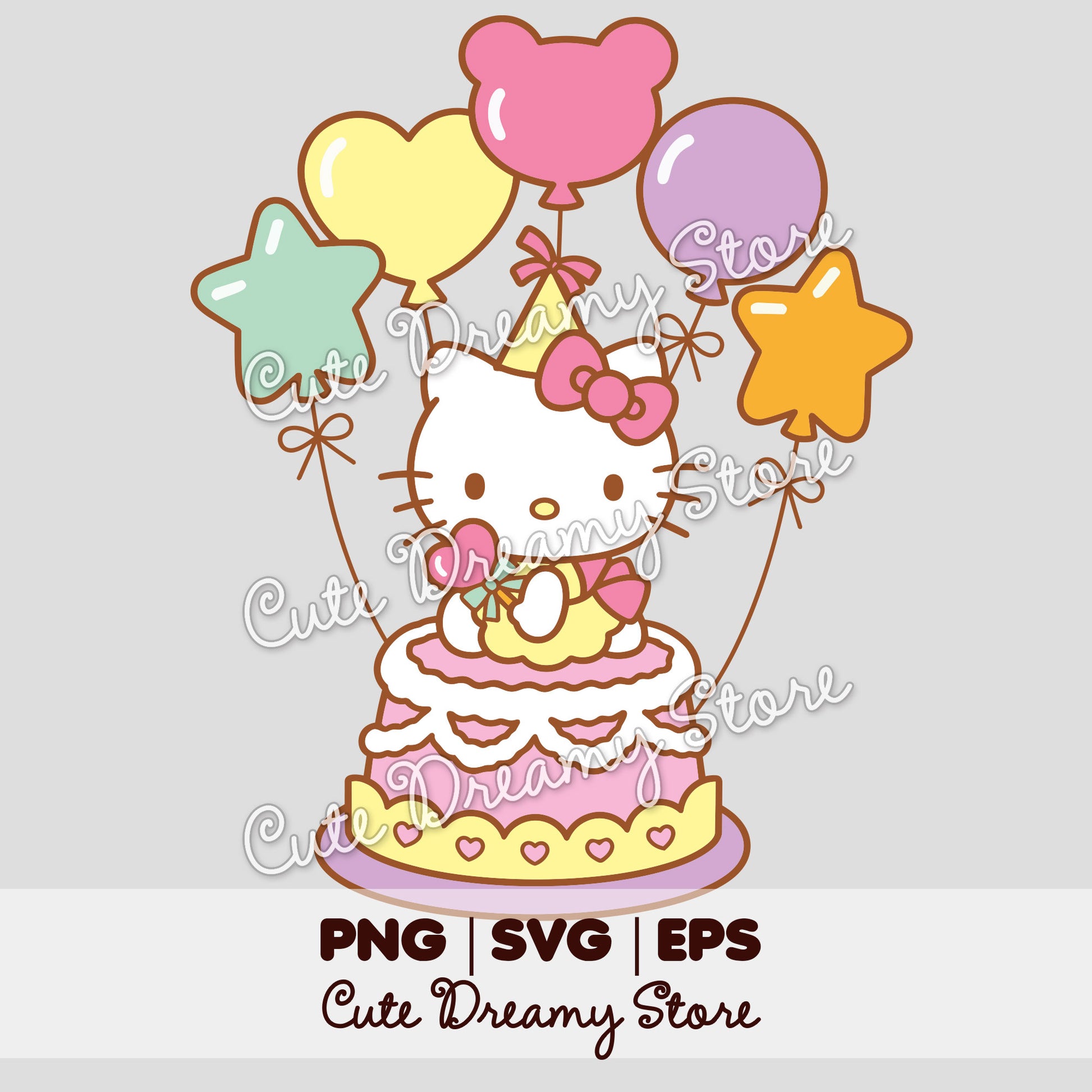 Hello Kitty birthday cake clipart with colorful balloons, bows and stars