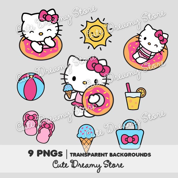 Hello Kitty pool party summer clipart bundle with swimsuits, donut floats and matching accessories. 