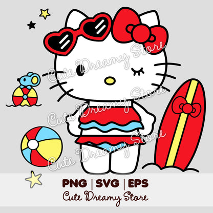 Hello Kitty summer surfing clipart with red surfboard, heart sunglasses and beach ball