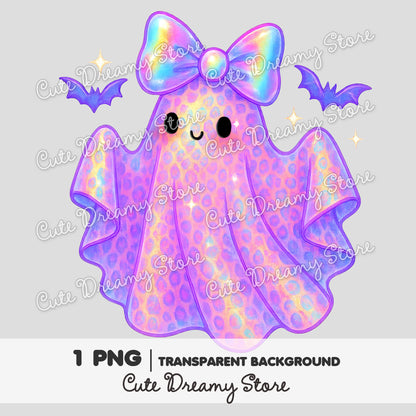 Cute Iridescent Ghost Clipart with Bow / Rainbow Halloween PNG