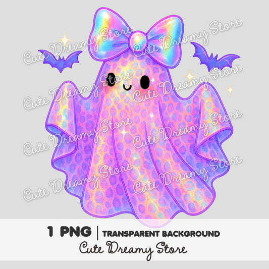 Cute Iridescent Ghost Clipart with Bow / Rainbow Halloween PNG