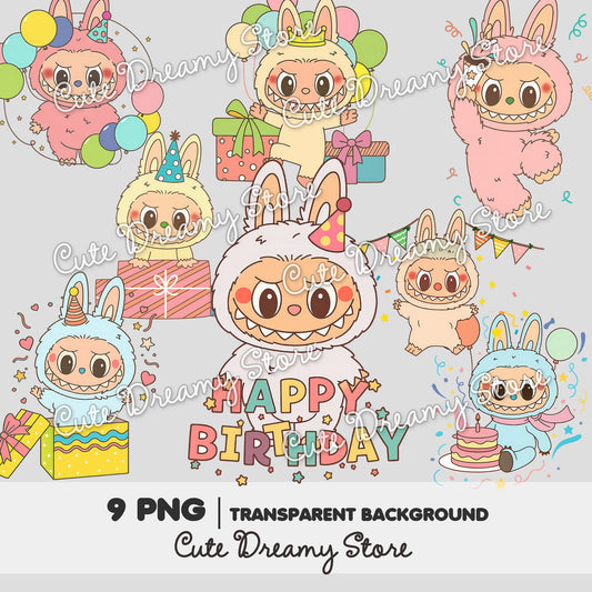Paquete de feliz cumpleaños de Labubu, imágenes prediseñadas/PNG con fondos transparentes