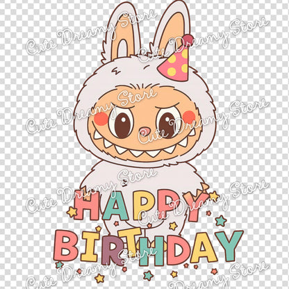 Paquete de feliz cumpleaños de Labubu, imágenes prediseñadas/PNG con fondos transparentes