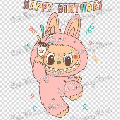 Paquete de feliz cumpleaños de Labubu, imágenes prediseñadas/PNG con fondos transparentes