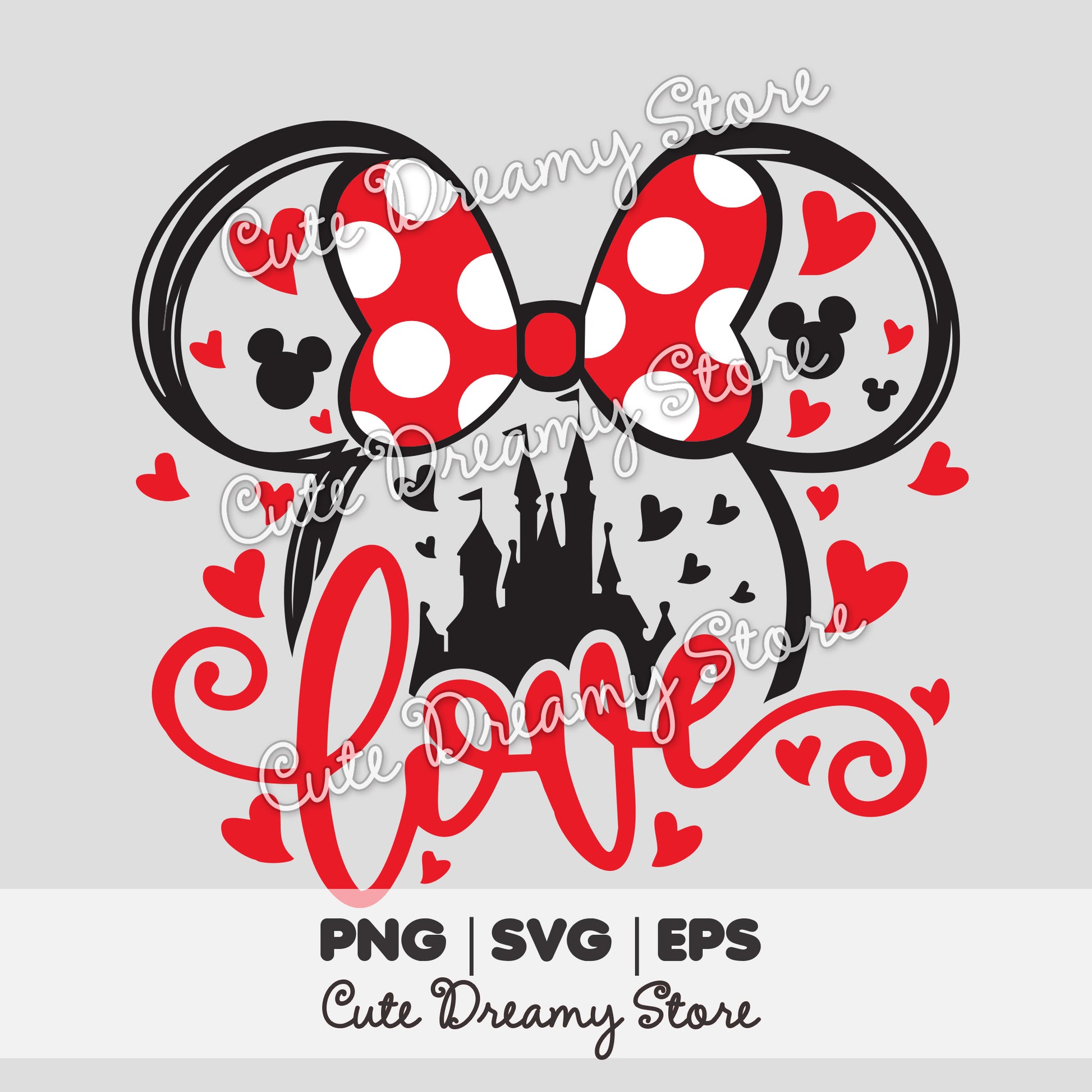 Minnie love bow clipart with red polka dots and castle silhouette