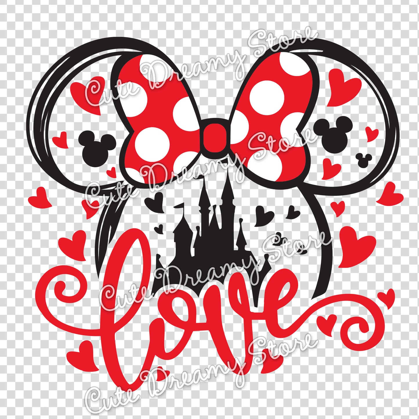Disney style love clipart with hearts and decorative bow png transparent background