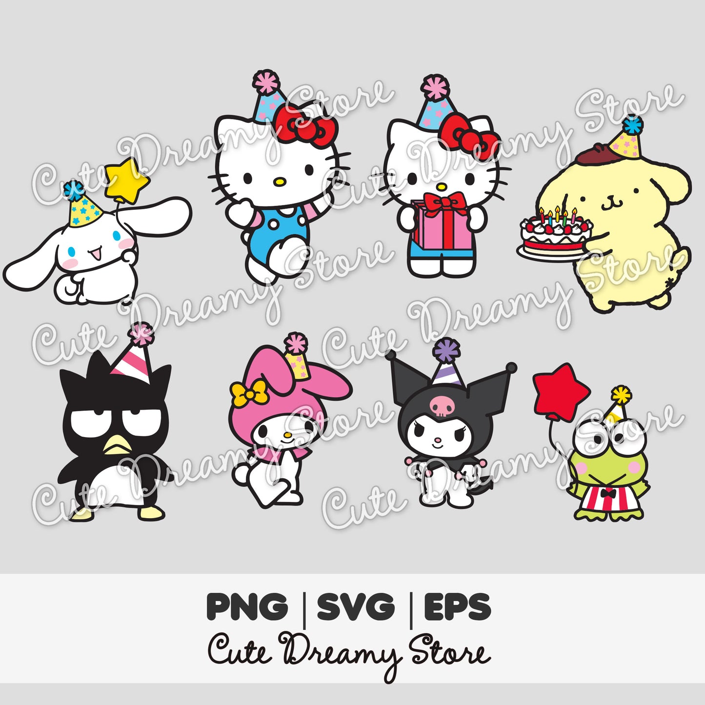 Sanrio birthday characters clipart bundle with Hello Kitty, Pompompurin holding a birthday cake, Hello Kitty with gift box, Cinnamoroll with star balloon, My Melody, Keroppi, Badtz Maru and Kuromi wearing party hats