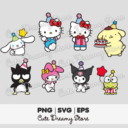 Sanrio birthday characters clipart bundle with Hello Kitty, Pompompurin holding a birthday cake, Hello Kitty with gift box, Cinnamoroll with star balloon, My Melody, Keroppi, Badtz Maru and Kuromi wearing party hats