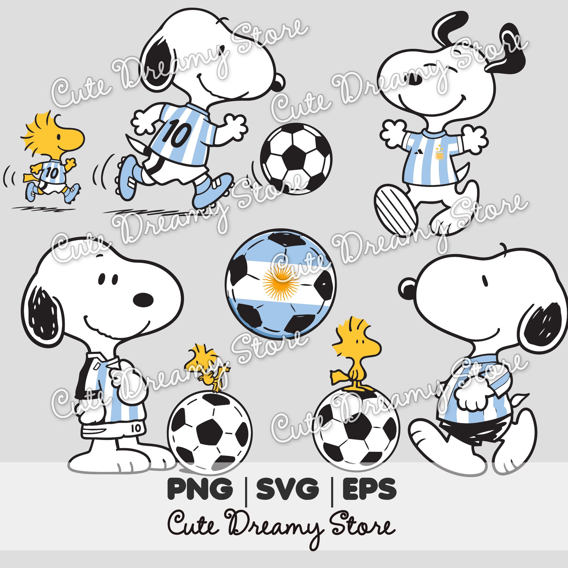Snoopy Argentina soccer clipart bundle with Woodstock, blue and white jerseys, soccer balls, PNG SVG EPS files