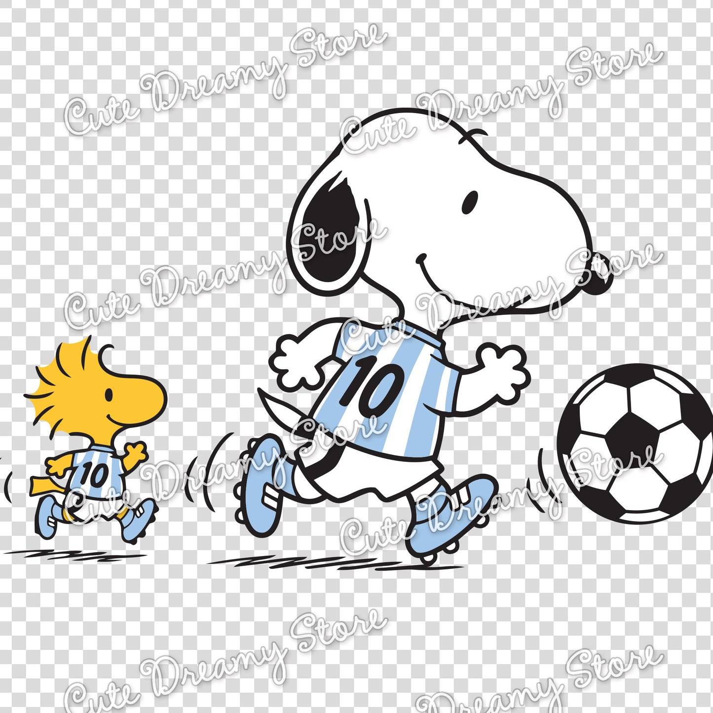 Snoopy and Woodstock running in Argentina soccer jerseys with football ball clipart, transparent PNG design