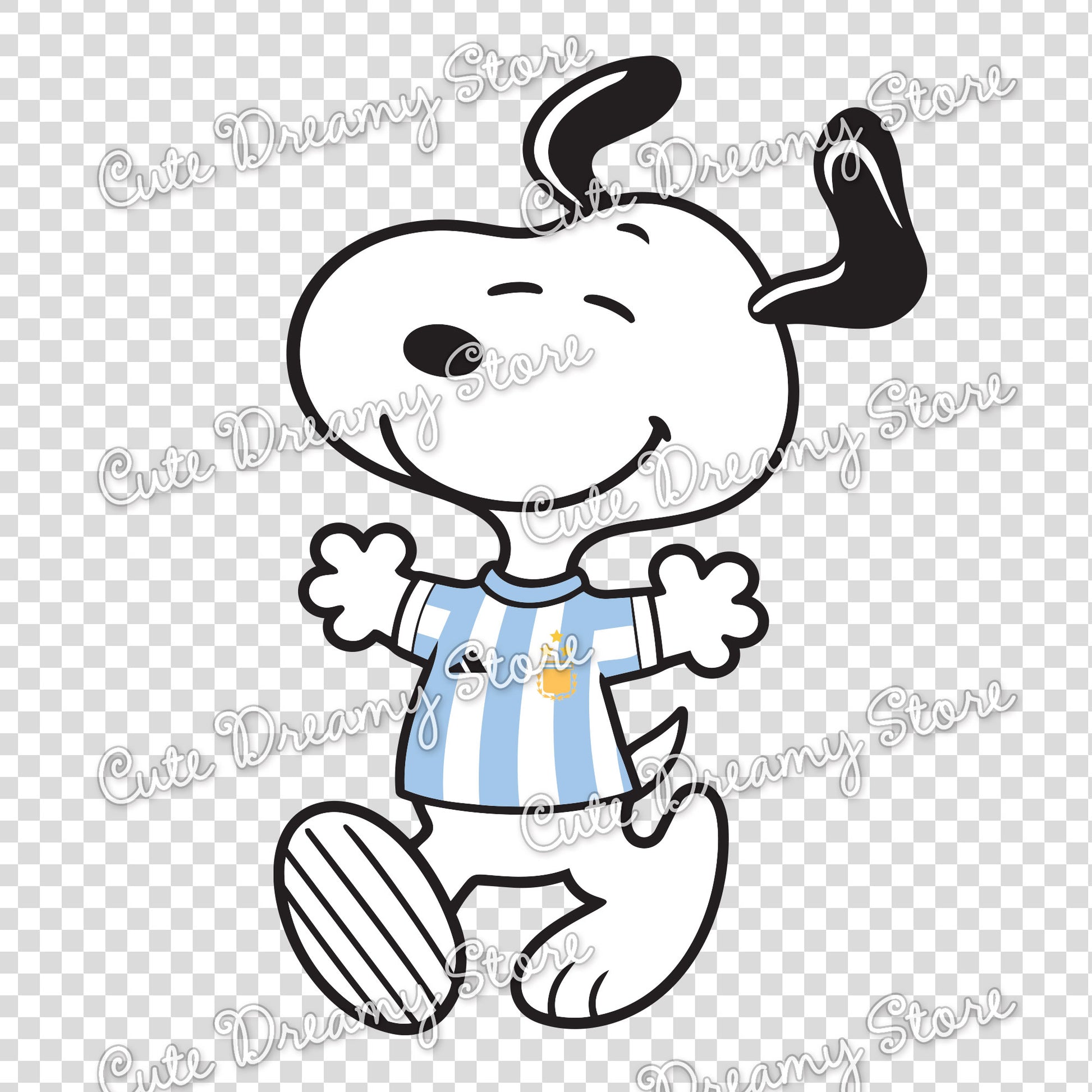 Snoopy wearing Argentina soccer jersey clipart in blue and white football style, PNG SVG EPS design