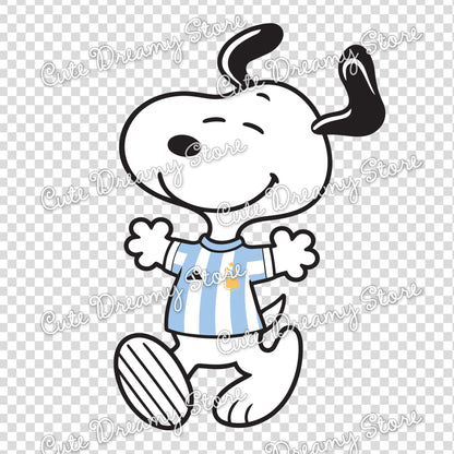 Snoopy wearing Argentina soccer jersey clipart in blue and white football style, PNG SVG EPS design