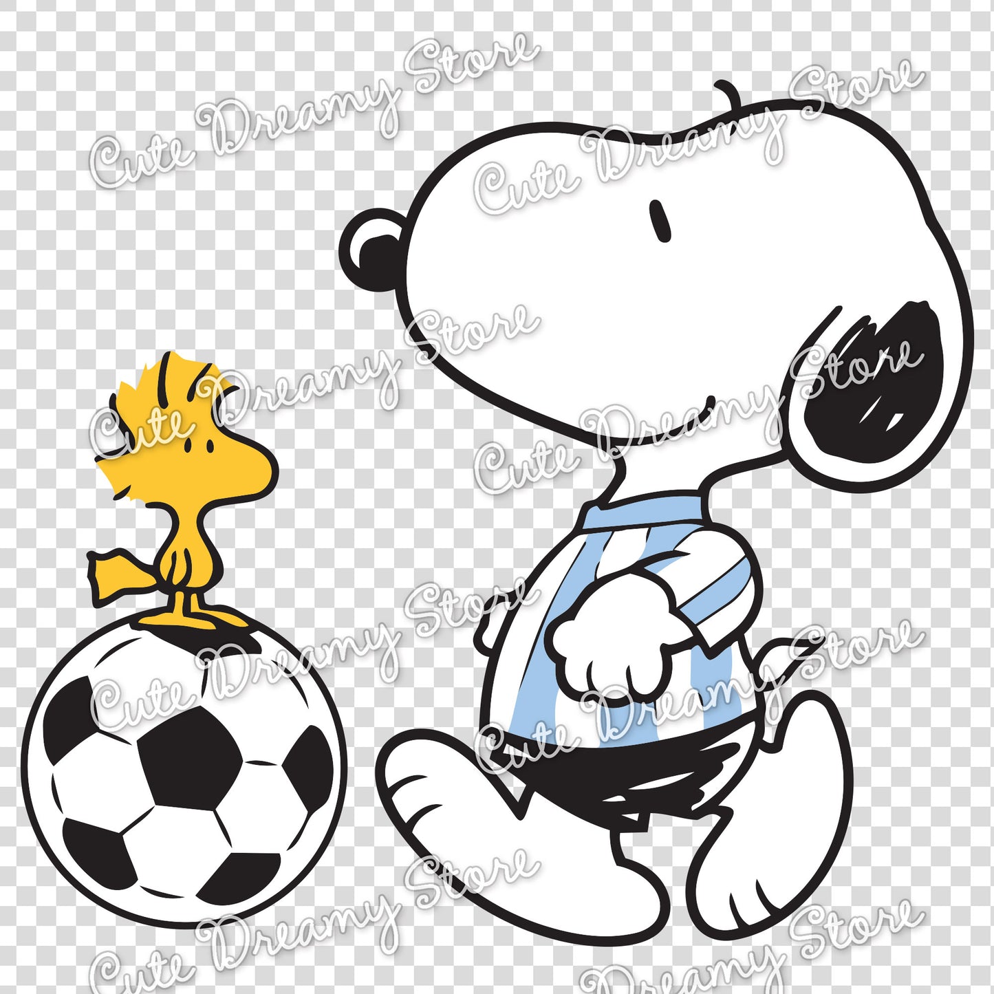 Snoopy walking in Argentina soccer jersey with Woodstock standing on a football ball clipart