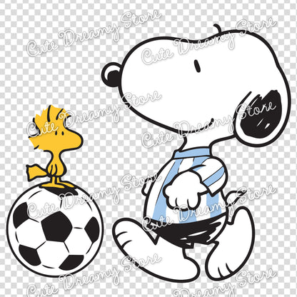 Snoopy walking in Argentina soccer jersey with Woodstock standing on a football ball clipart