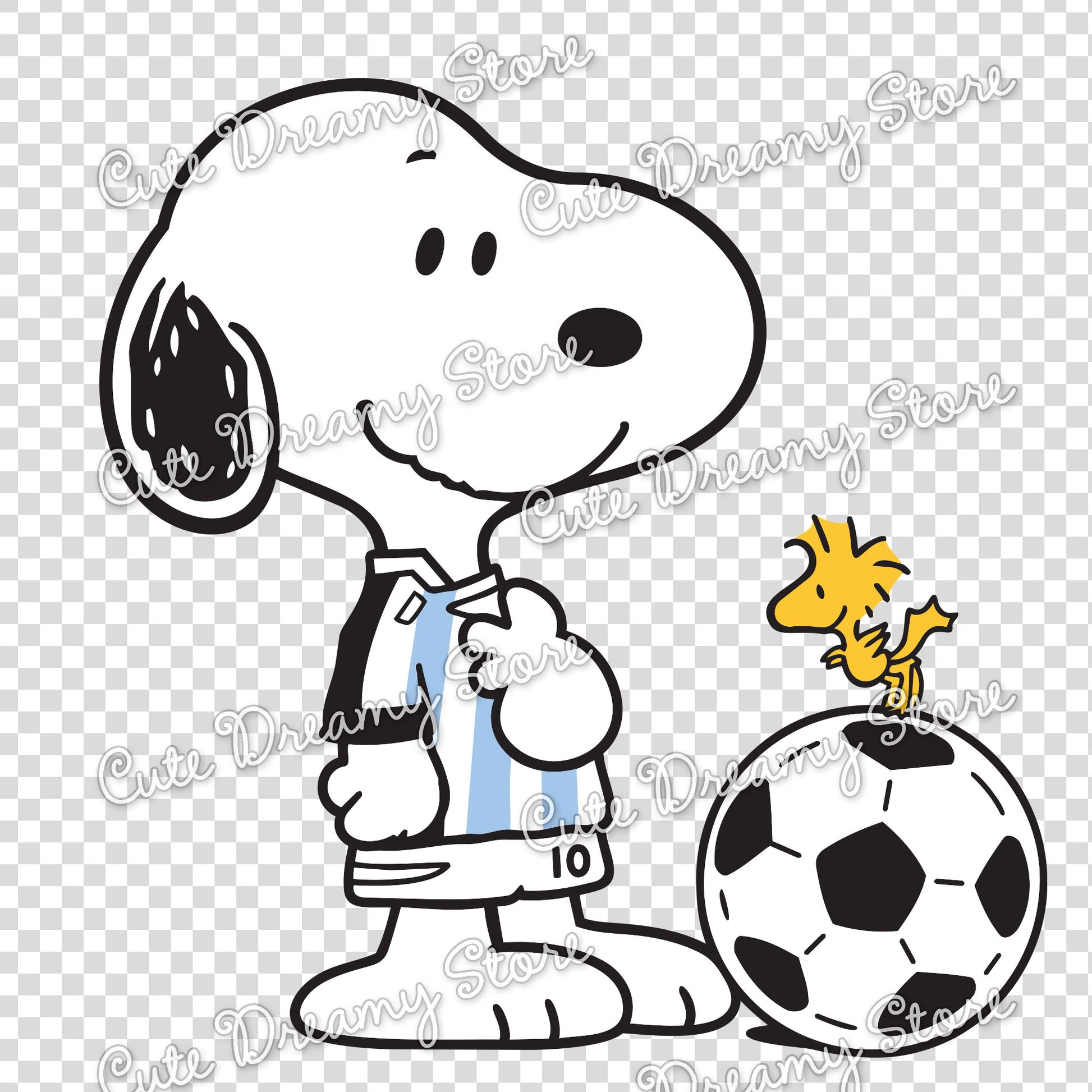 Snoopy and Woodstock Argentina football clipart with blue and white jersey and soccer ball
