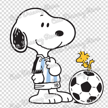Snoopy and Woodstock Argentina football clipart with blue and white jersey and soccer ball