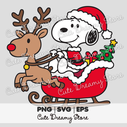 Snoopy Christmas Sleigh Clipart, Reindeer & Gifts Art SVG / PNG / EPS vector