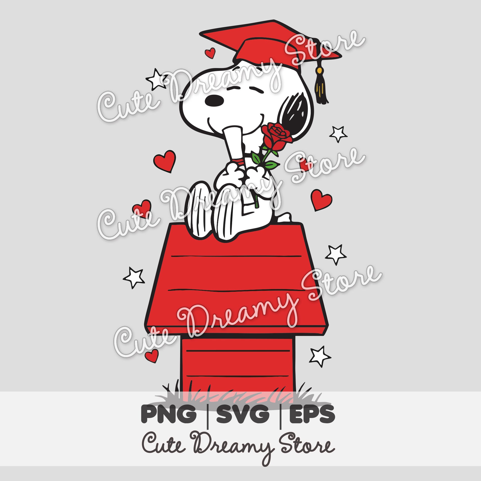 Snoopy graduation illustration with red cap and rose symbol