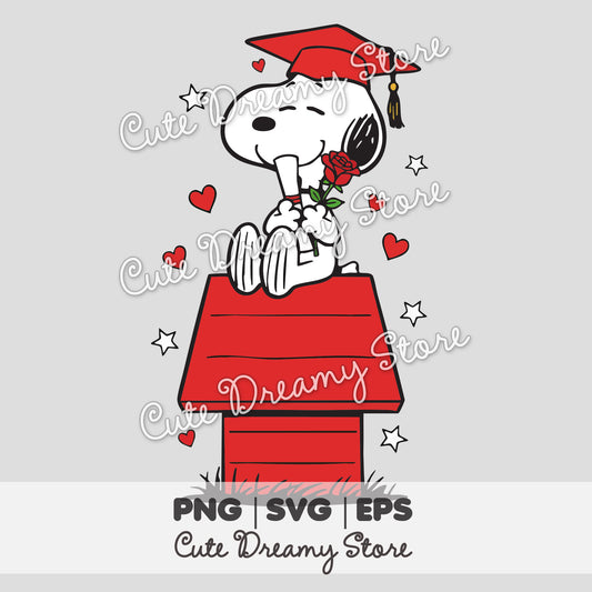 Snoopy graduation illustration with red cap and rose symbol