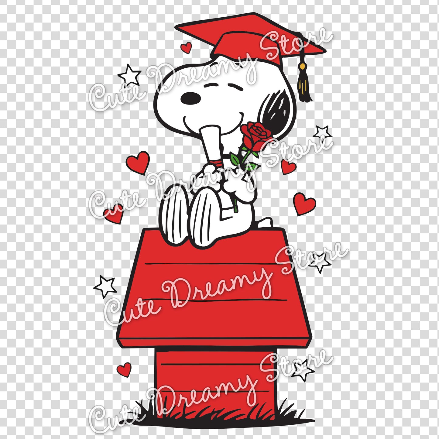 Graduation Snoopy clipart featuring rose and diploma