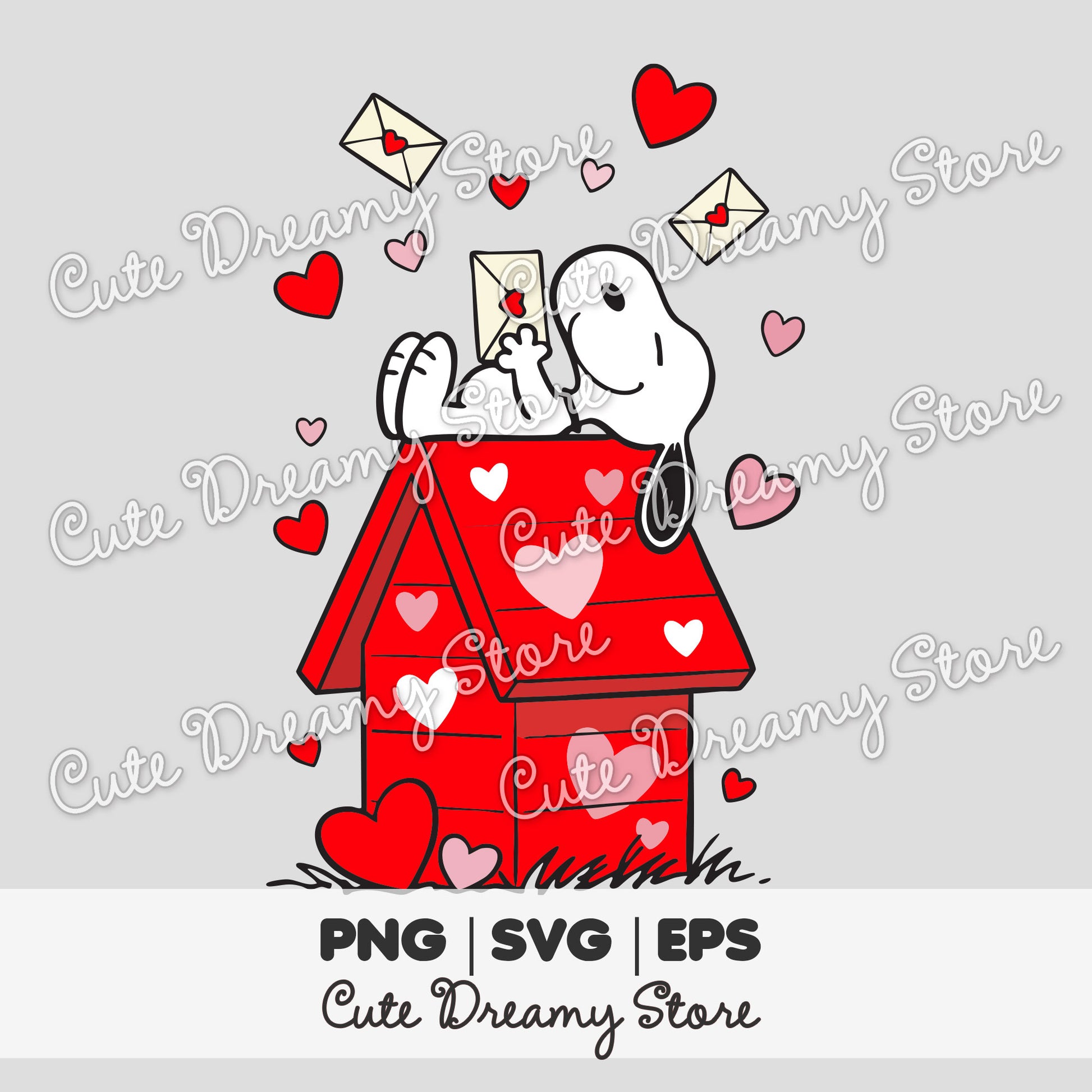 Snoopy love letters clipart relaxing on a red house with hearts
