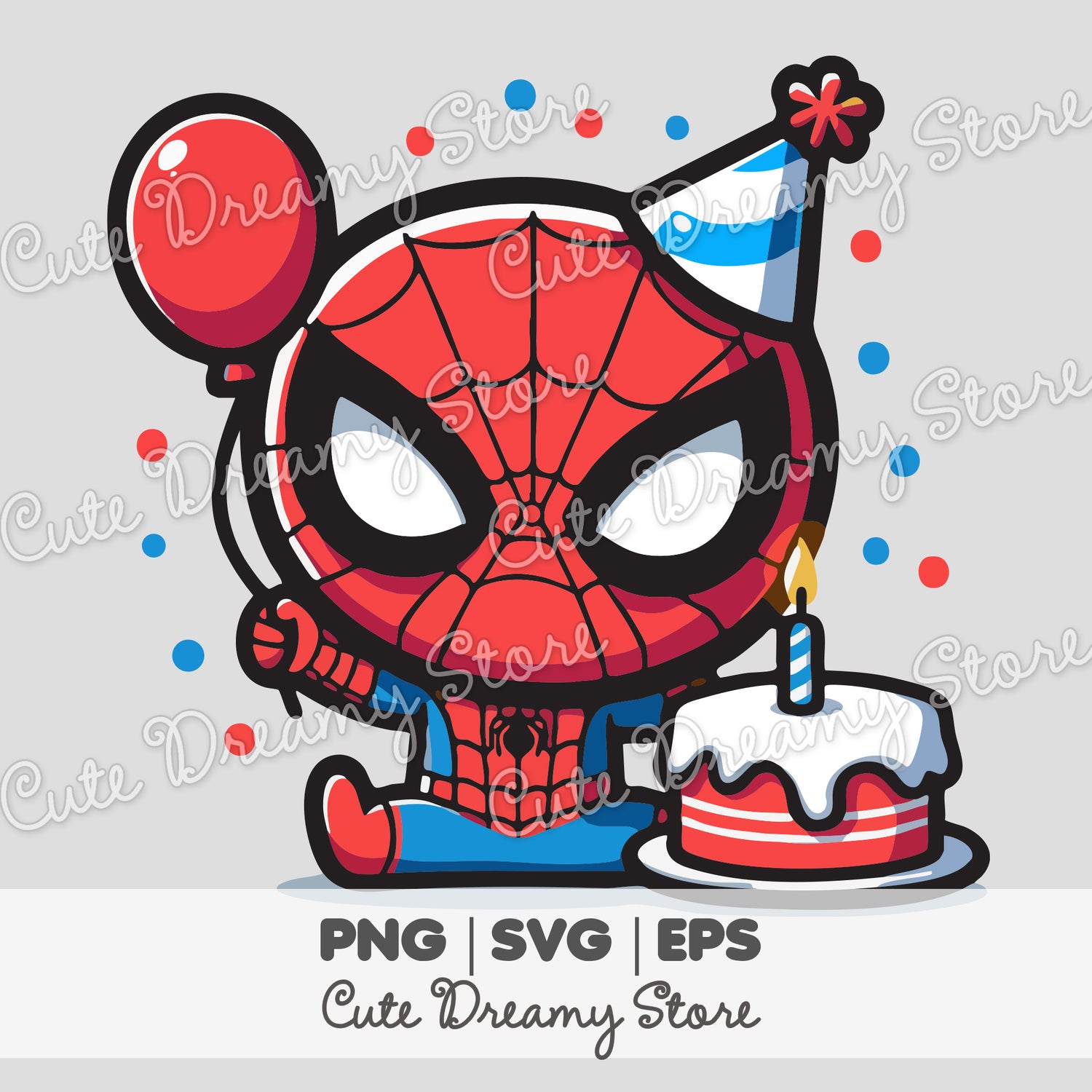 Spider-Man first birthday clipart with one candle cake and party hat