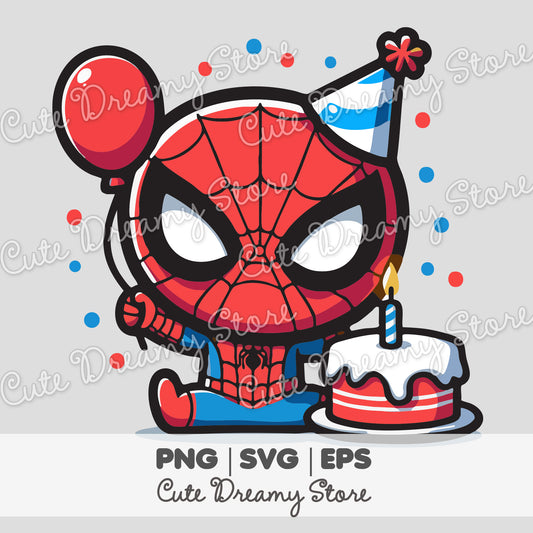 Spider-Man first birthday clipart with one candle cake and party hat