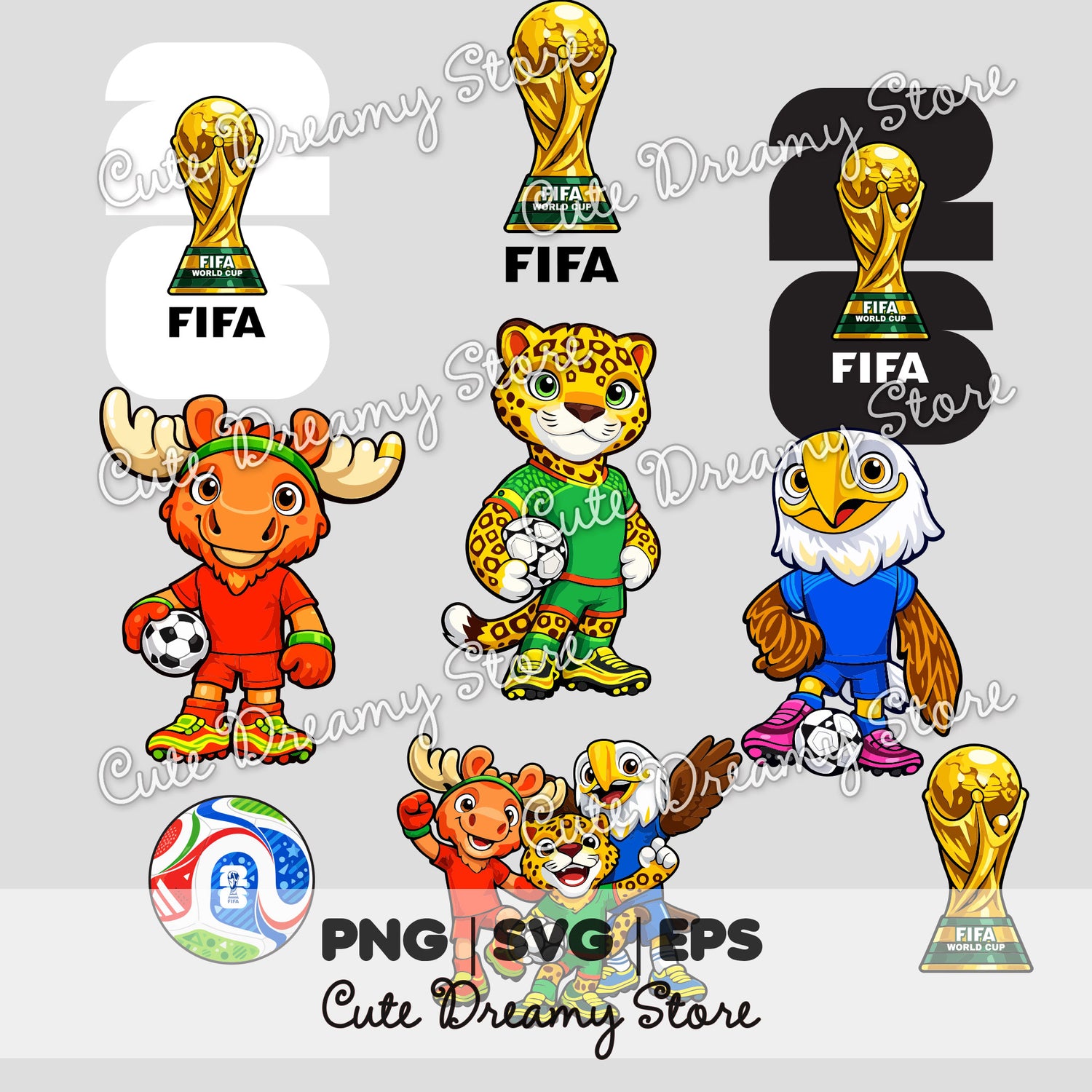 FIFA World Cup 2026 mascots logos trophy and ball clipart PNG bundle with transparent background