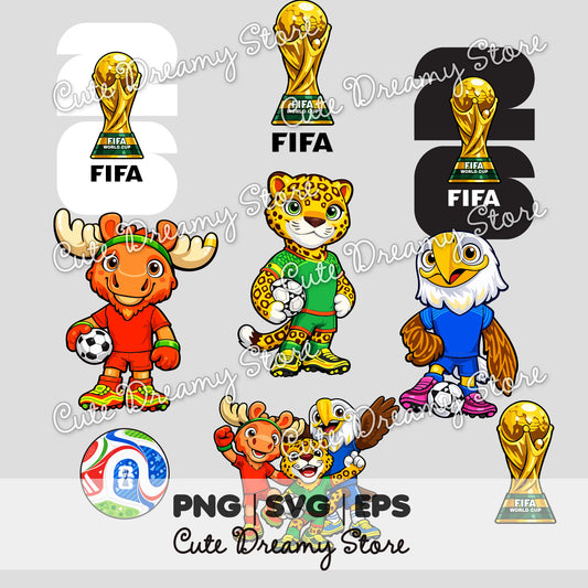 FIFA World Cup 2026 mascots logos trophy and ball clipart PNG bundle with transparent background