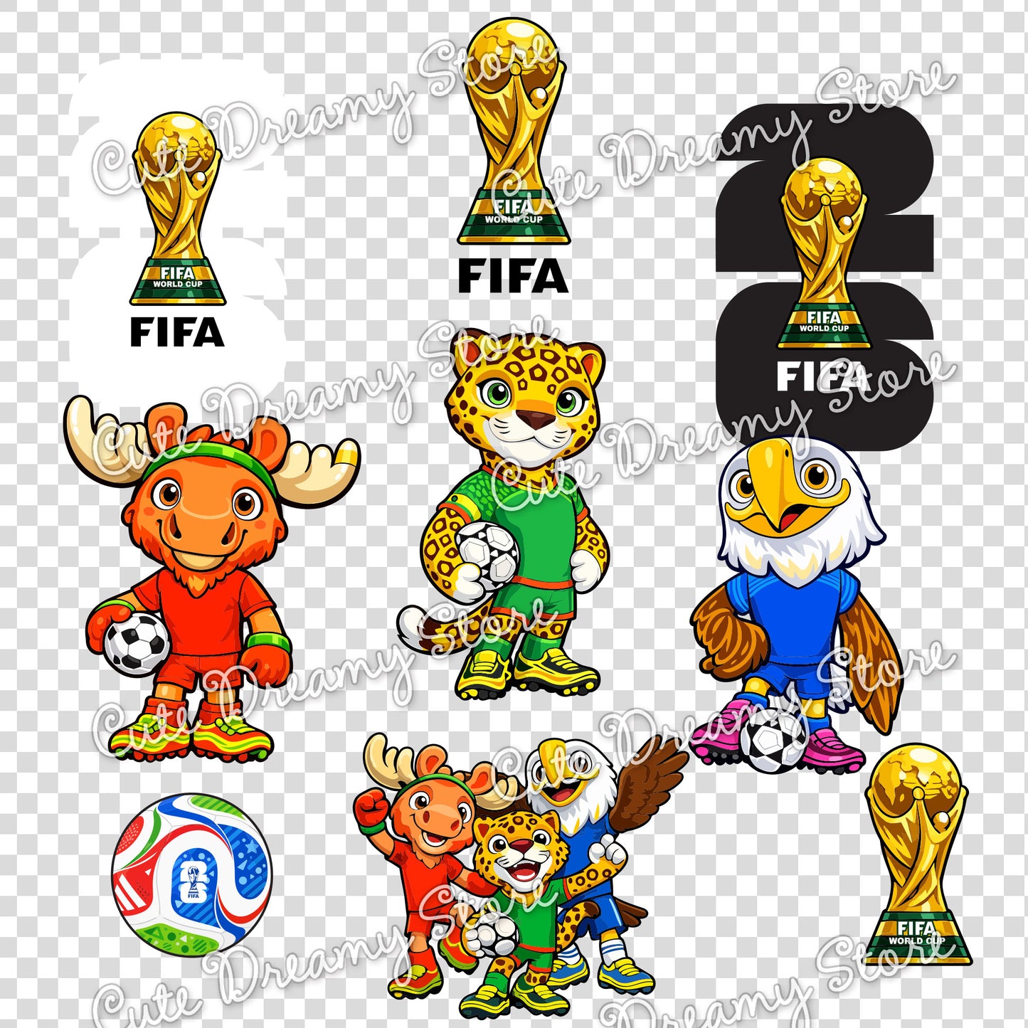 mascots logos trophy and ball clipart PNG transparent background FIFA World Cup 2026 